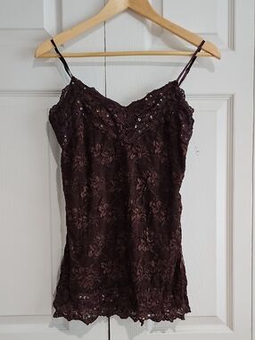 🤎 Studio Y Lace Sequin Cami Top | Brown | Made in USA | Size L